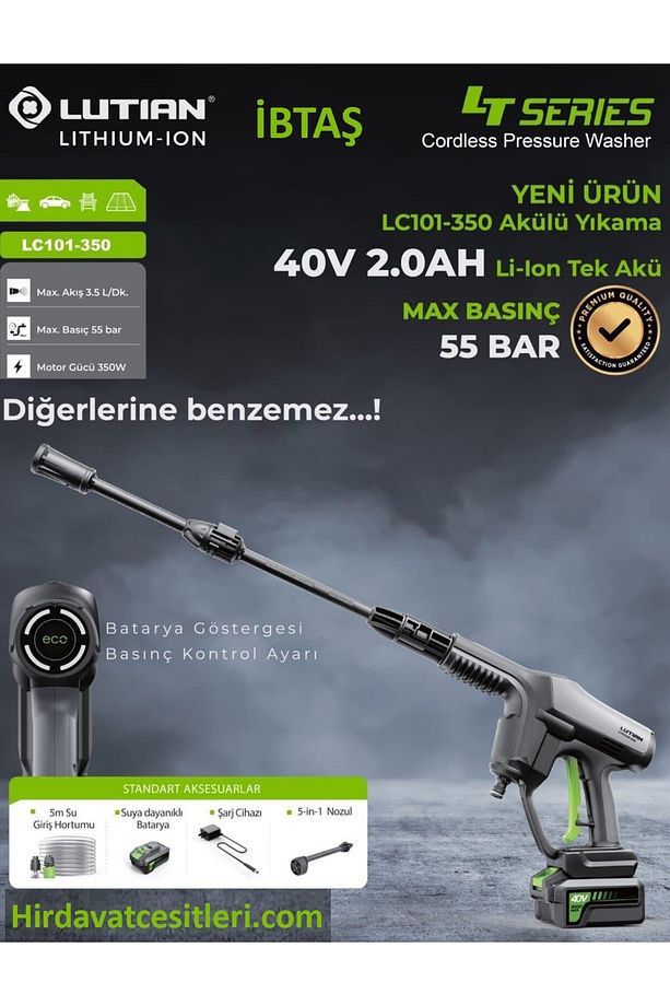 LUTIAN LC101-350 - 55 Bar Akülü Oto Araba Yıkama Makinesi - 40 Volt 2 Amper Tek Akülü - 2