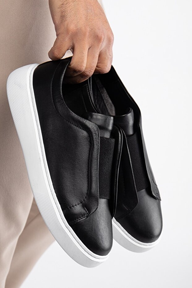 Genuine Leather, Elastic, Laceless, Thick Sole, Inner Outer Leather Men's Sneaker Shoes
