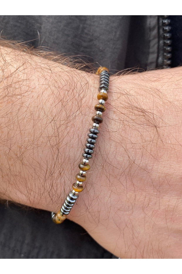 Hematite Tiger Eye Stone Steel Men's Bracelet