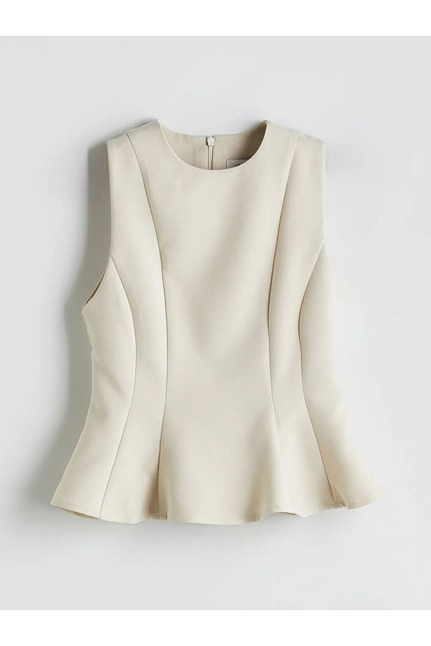 LCW Vision Bej Bisiklet Yaka Peplum Bluz - 1