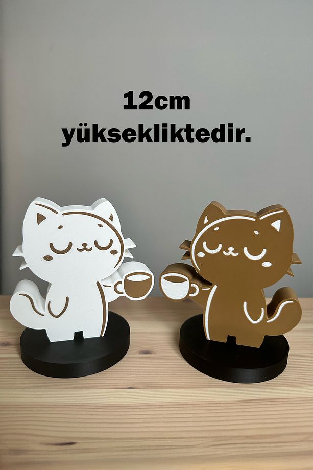 Kahve İçen Sevimli Kediler 2li Biblo Seti, Kahve Köşesi Dekoru, Kahve Sever Süs 12cm Bioplastik - 3