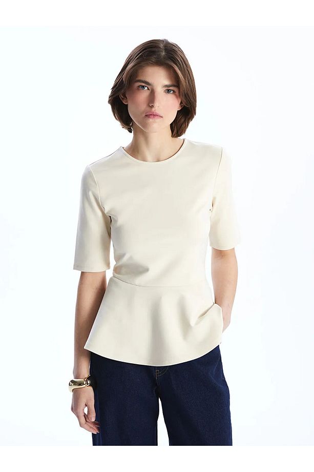 LCW Vision Bej Bisiklet Yaka Peplum Bluz - 1