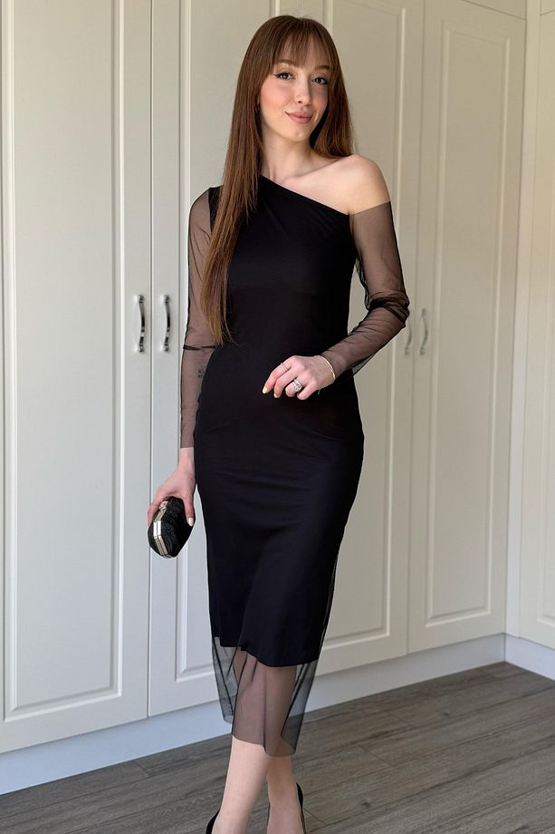 Siyah Midi Tül Elbise - 8