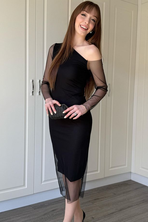 Siyah Midi Tül Elbise - 4