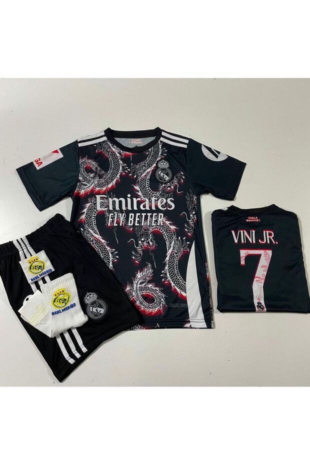 R.e.a.l M.a.d.r.i.d 2024/25 Sezon Dragon Desenli Vini Jr. Çocuk Forma 4'lü Set (Arma-black-red) - 3