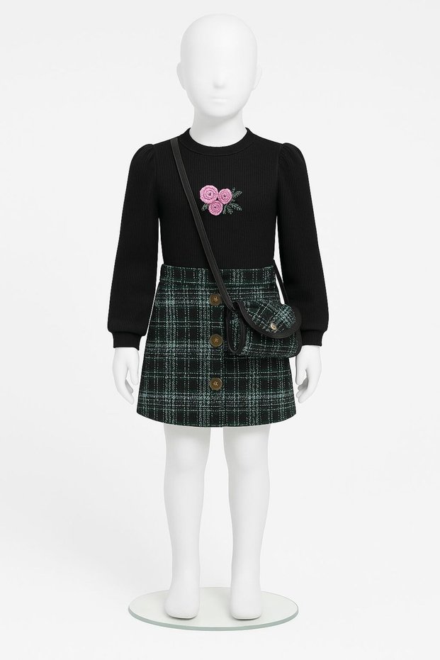 Girl's Floral Embroidered Knitwear Blouse and Plaid Patterned Buttoned Skirt Set