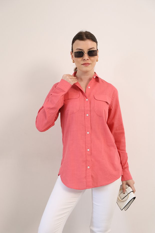 Women Shirt Double Pocket Flap Cotton Linen Relaxed Fit (Pomegranate Flower)