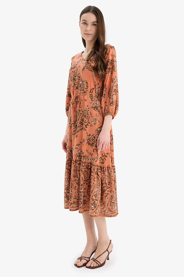 Regular Fit V Yaka Çiçek Desenli Yarım Kollu Midi Elbise F0985ax25sm - 3