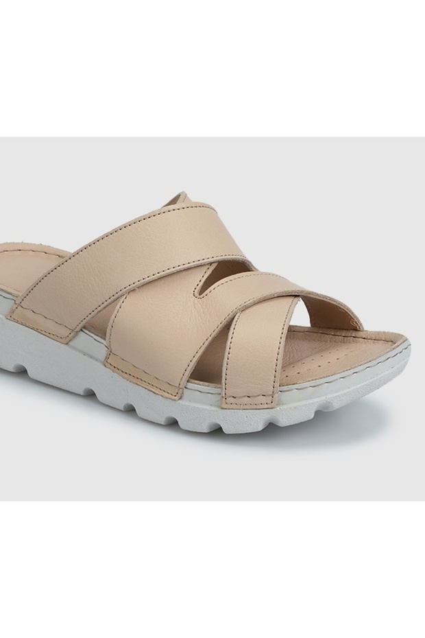 Krem Deri Kadın Terlik - 5