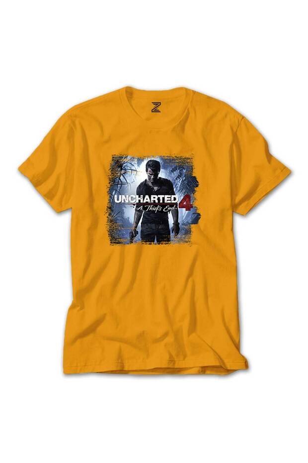 تي شيرت أصفر بملصق ناثان دريك من لعبة Uncharted 4