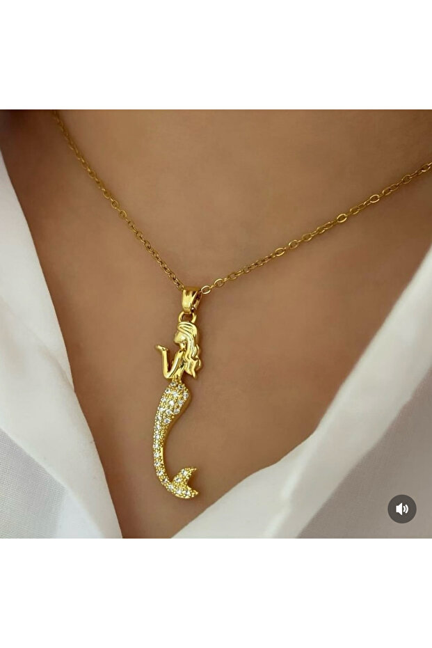 Mermaid Steel Necklace Gold Necklace with Zircon Stone Mermaid Figure