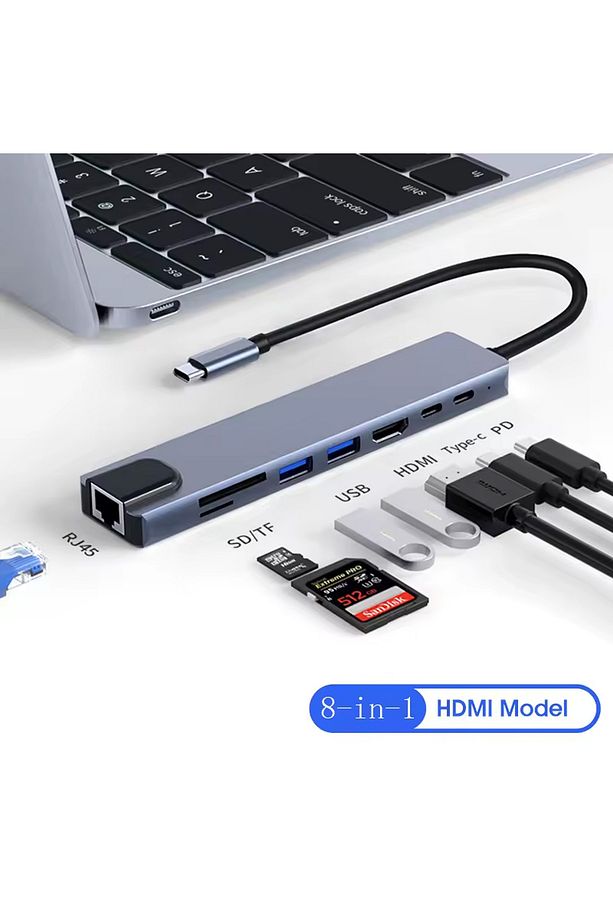 8in1 Type-C HDMI ETHERNET Çevirici Hub Çoğaltıcı HDMI 4K/RJ45/USB/TF/TYPEC Giriş - 3