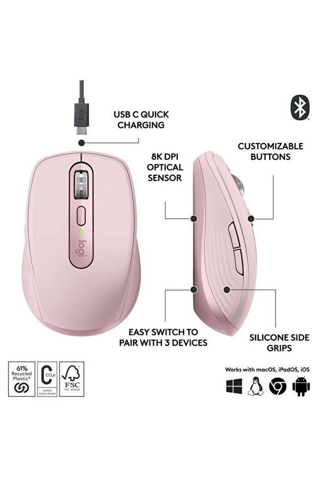 Mouse fără fir Logitech MX Anywhere 3S, 2,4 G Hz și Bluetooth, Silențios, Scroll MagSpeed, Multidispozitiv - 6