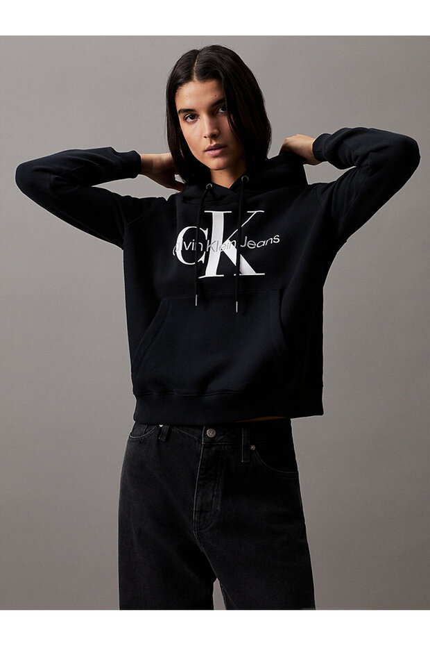 Kadın Siyah Kapüşonlu Sweatshirt - 1