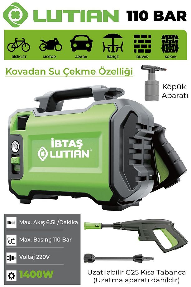Lutian Lt2161-1400 - 110 Bar Yüksek Basınçlı 220 Volt Oto Araba Yıkama Temizleme Tabancası Makinesi - 1