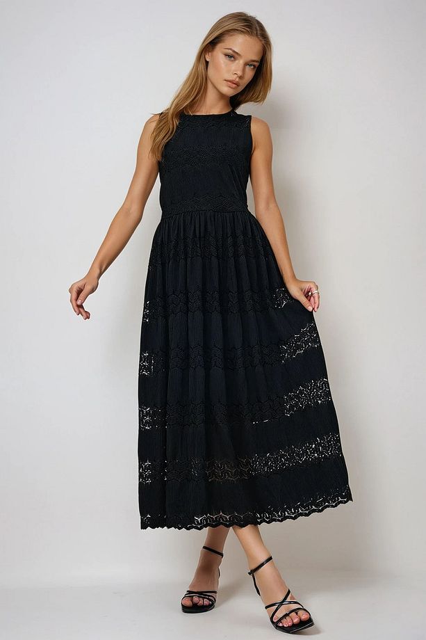 Kadın Siyah Kalın Askılı Motif Işlemeli Astarlı Maxi Boy Elbise Prmx13461 - 3