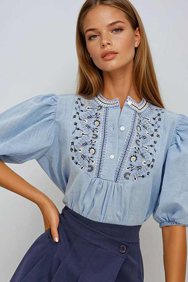 Women's Blue Bicycle Button Detailed Embroidered Blouse Vgn-X10742