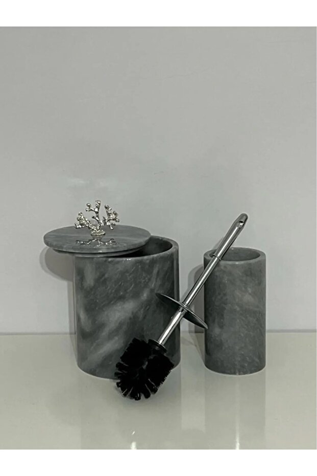 Gray Marble Bath Set 2 Pcs-Marble Dustbin and Brush