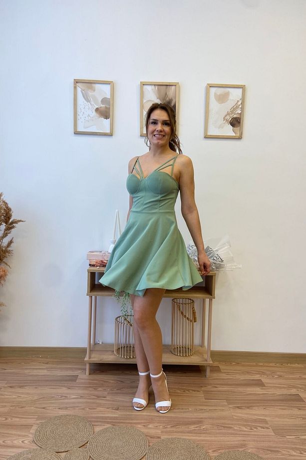 Göğüs Kuplu Kloş Mini Elbise - 5