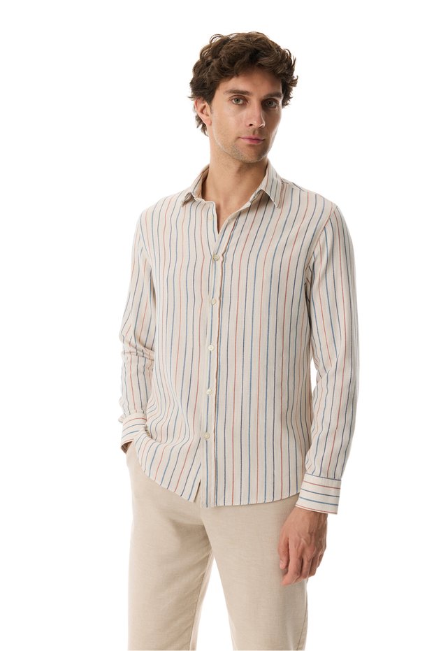 Men's Ecru Striped Regular Fit Long Sleeve Shirt