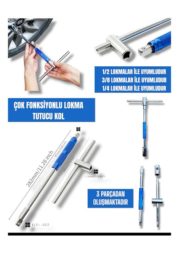 Çok Fonksiyonlu Lokma Tutucu Kol 1/2, 3/8, 1/4 Uyumlu T Tipi 3 Parça Lokma Anahtar Seti - 1