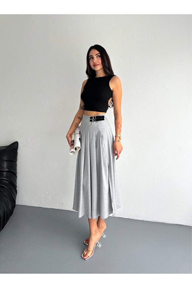 Skirt-Fold Long Skirt with Buckle and Slit /Max Long Skirt