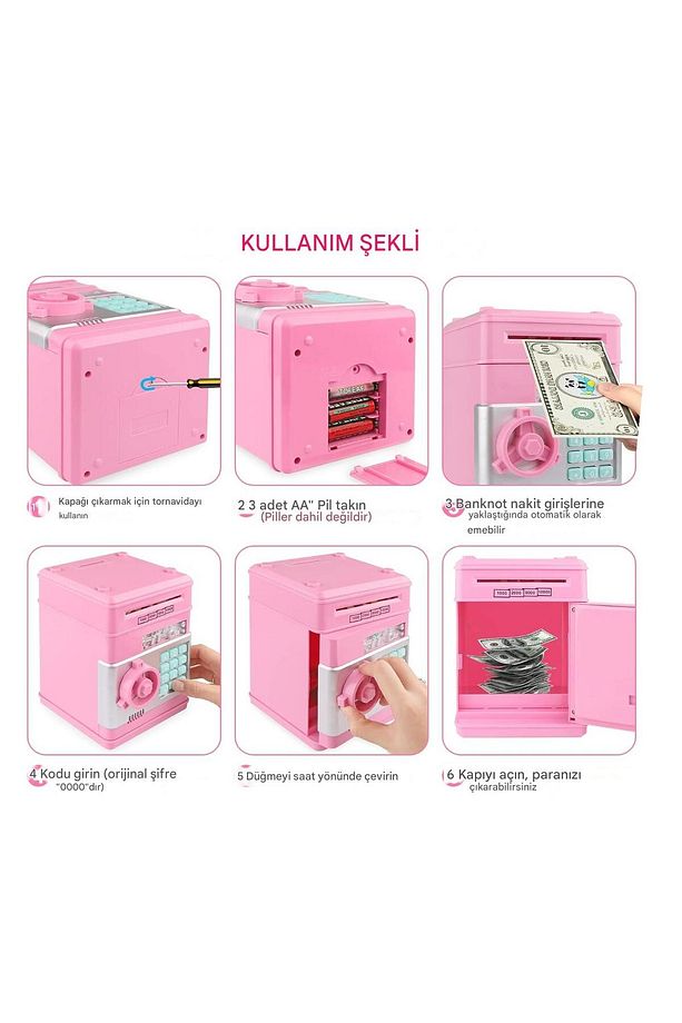 Atm Kumbara Siyah Şifreli Otomatik Kağıt Para Alan Kasa Kumbara Çocuklar Için Eğlenceli PEMBE - 7