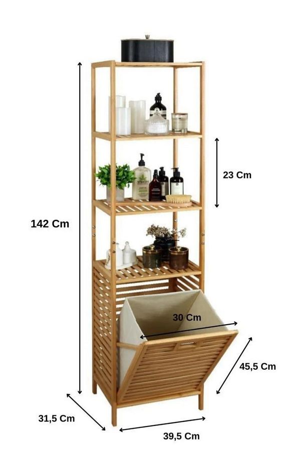 Bambu Çamaşır Sepetli 4 Raflı Banyo Düzenleyici Kirli Sepeti DB-0009H - 3