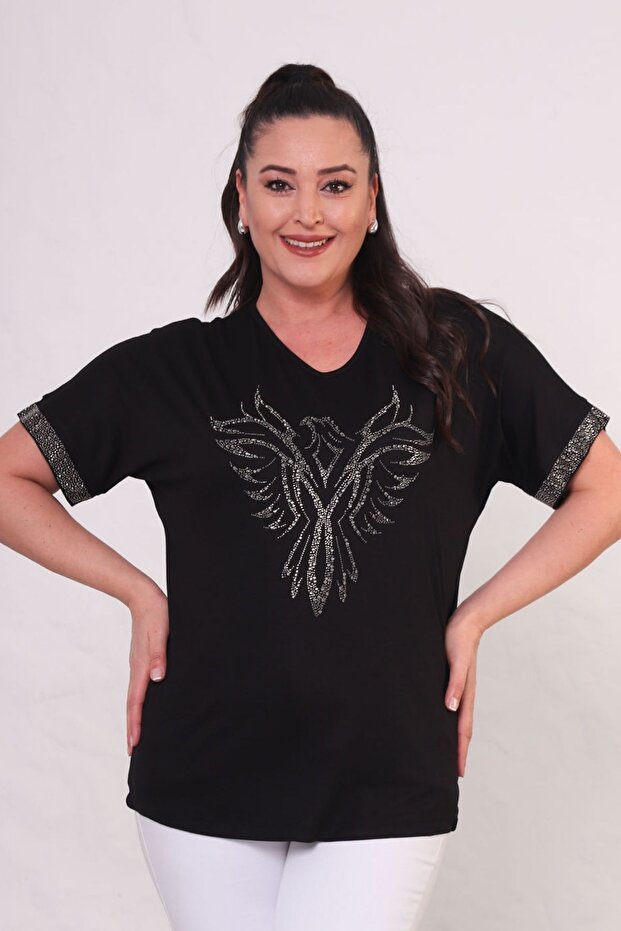 Women's Plus Size Short Sleeve T-Shirt with Stone Print on Front and Sleeve Part