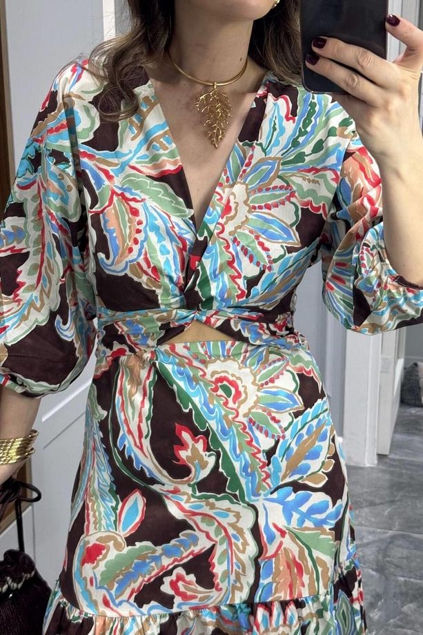 Desenli Önü Dekolteli Poplin Elbise Multi Color - 2