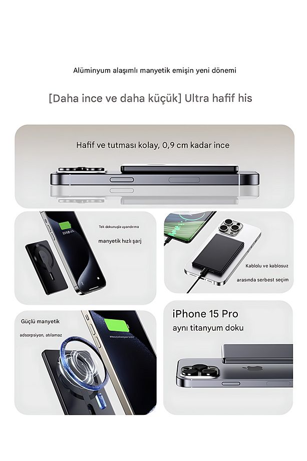 5000mAh Ultra Slim Hafif Powerbank - Güçlü Magsafe - 15W Hızlı Şarj - Taşınabilir Batarya - 2