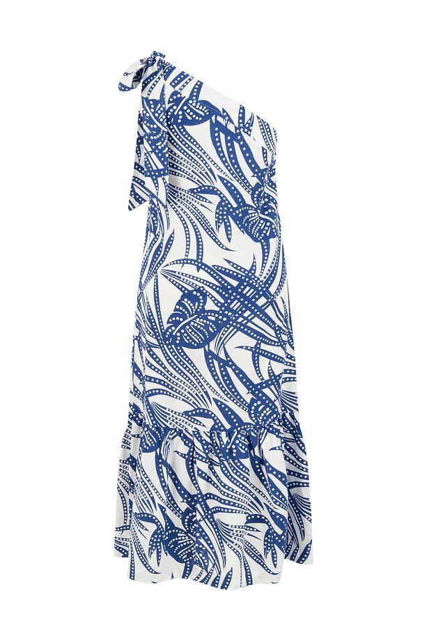 Floral Baskılı Tek Omuz Midi Elbise - 5