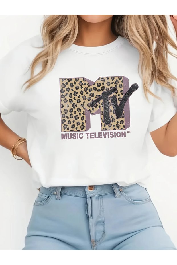 Mtv Leopard Print Casual Short Sleeve Round Neck T-Shirt for Women - Spring/Summer Fashion,