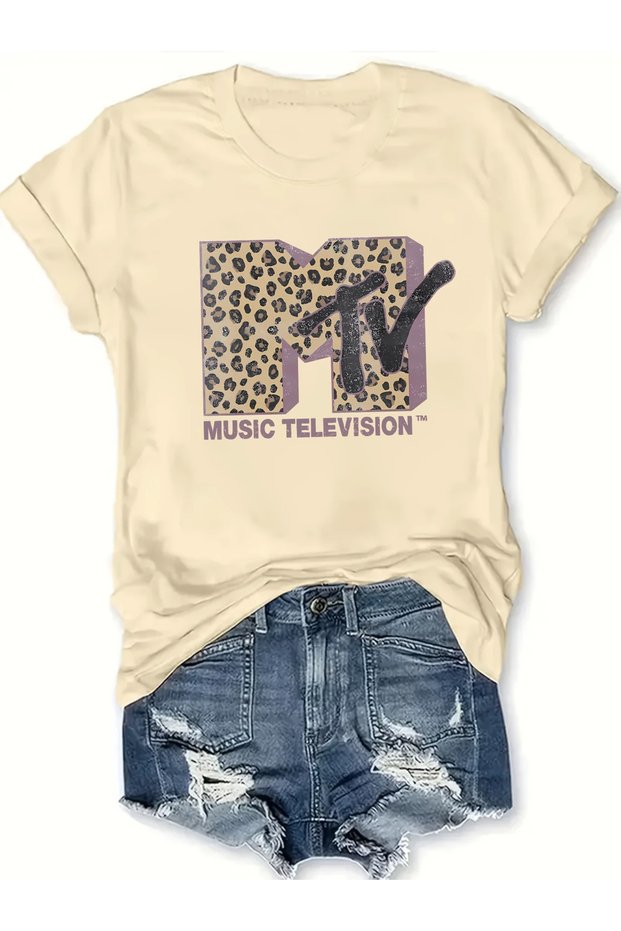 Mtv Leopard Print Casual Short Sleeve Round Neck T-Shirt for Women - Spring/Summer Fashion,