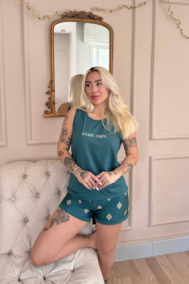 Zümrüt Silent Desenli Sıfır Kol Şortlu Örme Kadın Pijama Takımı - 5