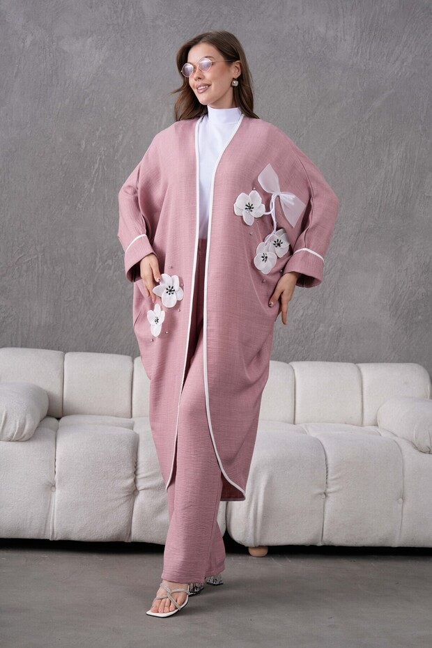 Linen Kimono and Trousers Set - Bow Ribbon, Floral Embroidery and Stone Detail