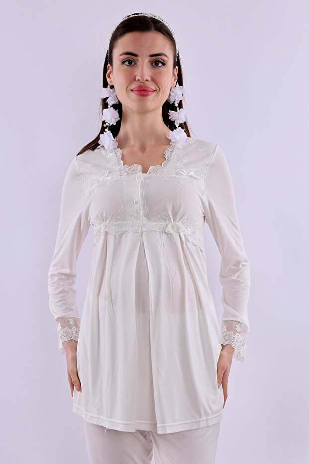 Breastfeeding-Friendly Cotton Maternity Pajama Set - Elastic Waist Effortt - Ecru