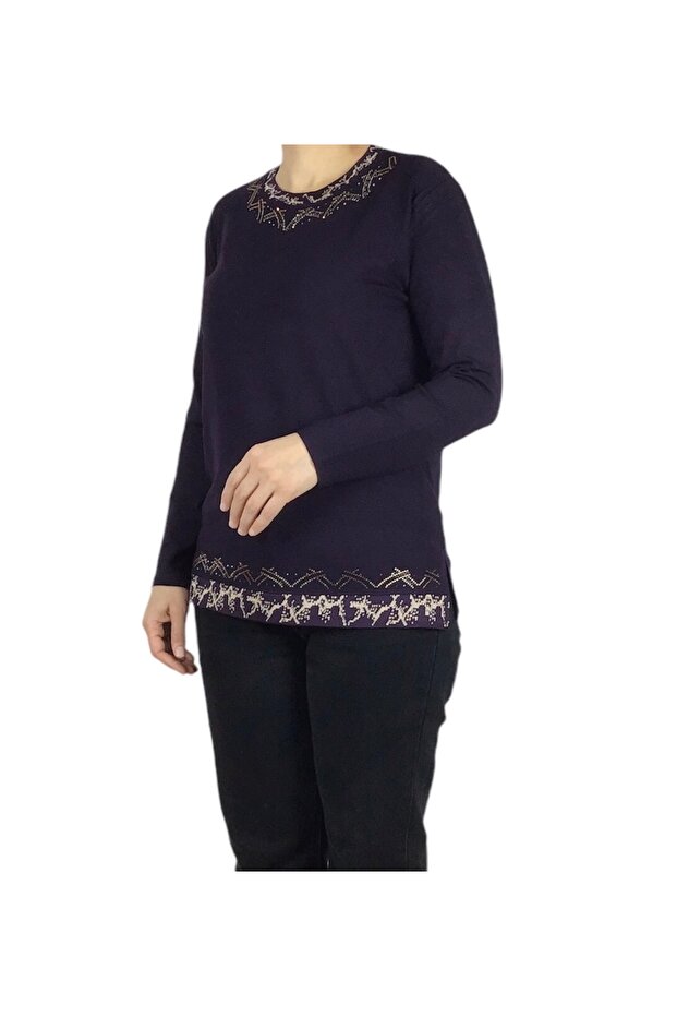Women's Collar and Skirt Patterned Stone Lycra Bluz