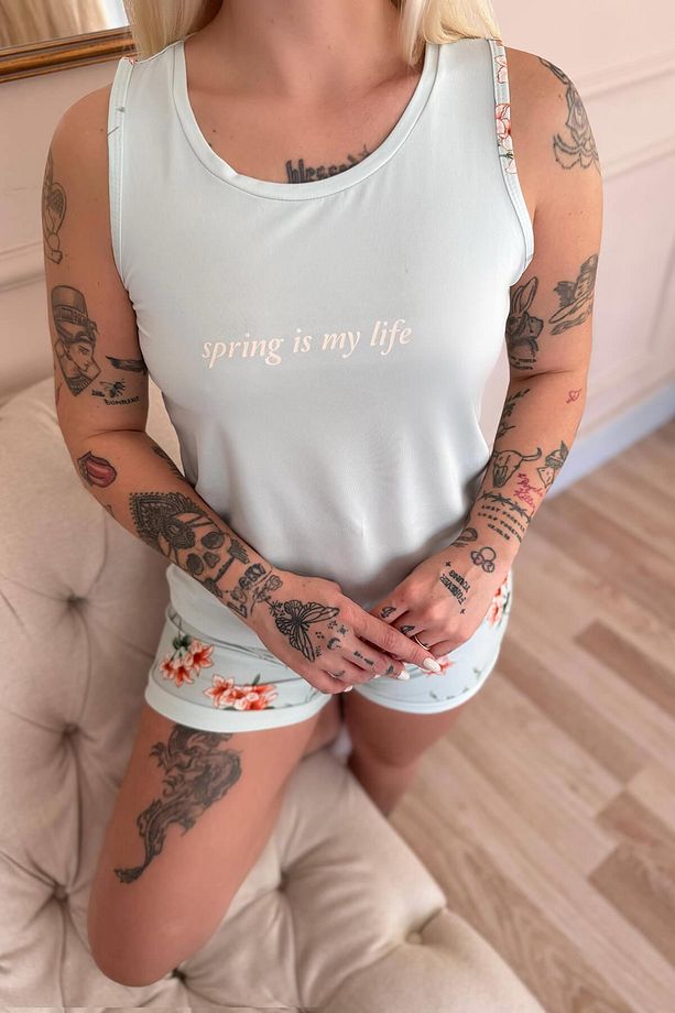 Mint Spring is My Life Desenli Sıfır Kol Şortlu Örme Kadın Pijama Takımı - 6