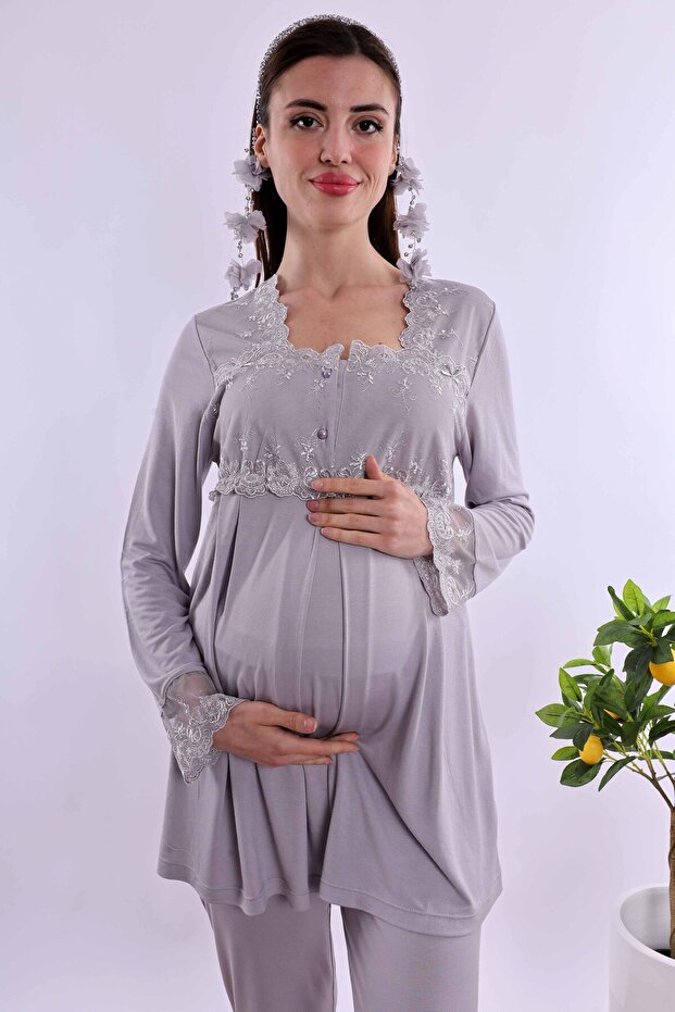 Cotton Maternity Pajama Set with Breastfeeding Feature - Elastic Waist Effortt - Gray