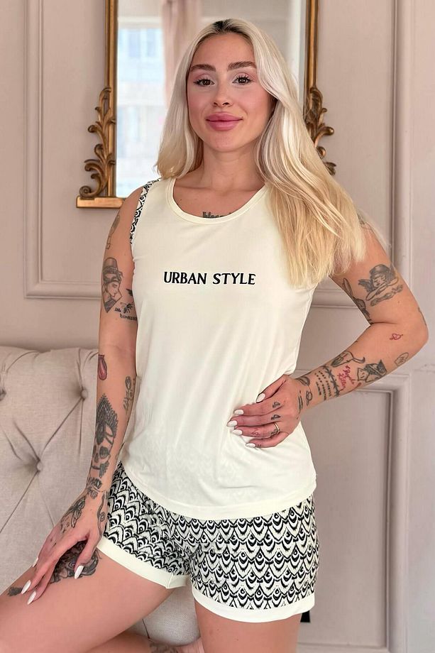 Krem Urban Style Desenli Sıfır Kol Şortlu Örme Kadın Pijama Takımı - 1