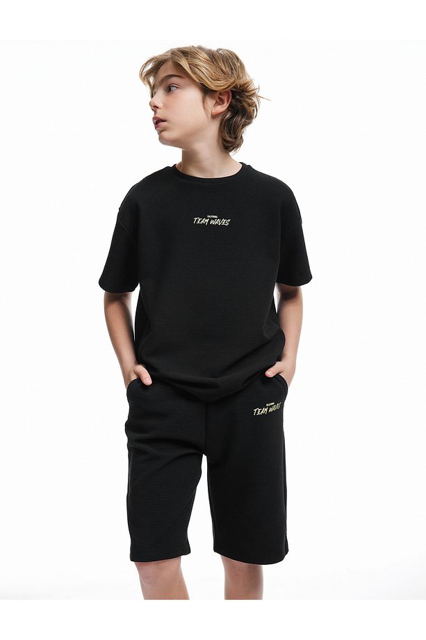 Slogan Baskılı Kısa Kollu Bisiklet Yaka Oversize Tişört - 3