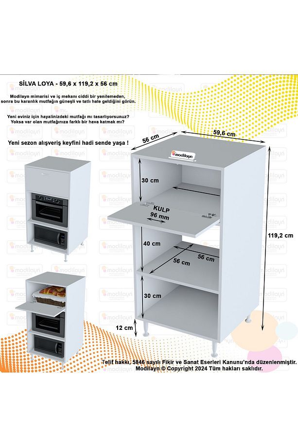 Silva Tek Kapaklı 59,6 x 119,2 x 56 cm Mini Fırın Mikrodalga Fırın Dolabı Çok Amaçlı Mutfak Dolabı - 2