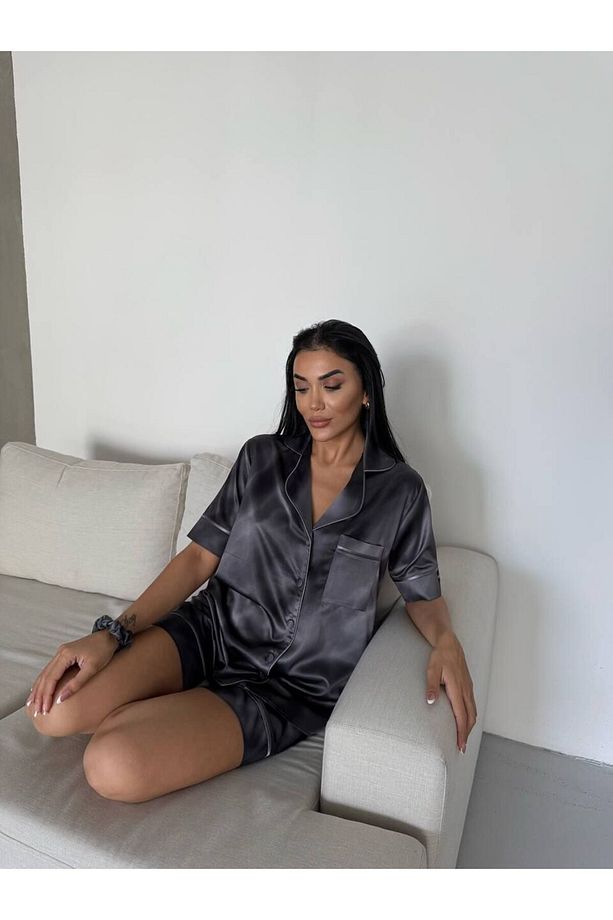 İpek Saten Şortlu Pijama Takımı-L - 6