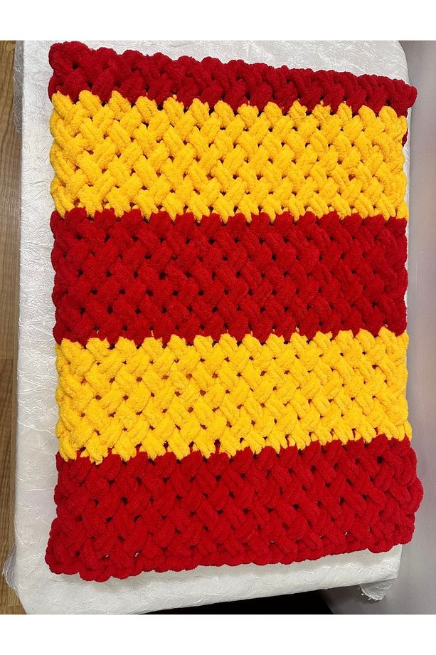 El Örgüsü Alize Puffy Bebek Battaniyesi Sarı Kırmızı Hasır Desen - 5