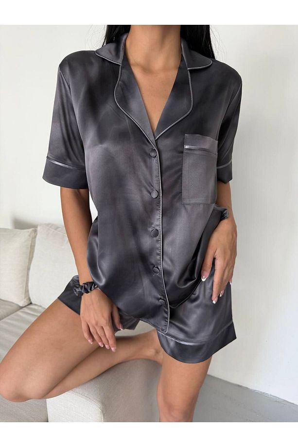 İpek Saten Şortlu Pijama Takımı-L - 5
