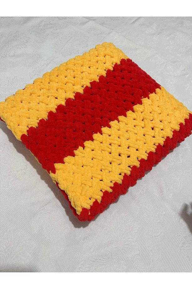 El Örgüsü Alize Puffy Bebek Battaniyesi Sarı Kırmızı Hasır Desen - 7