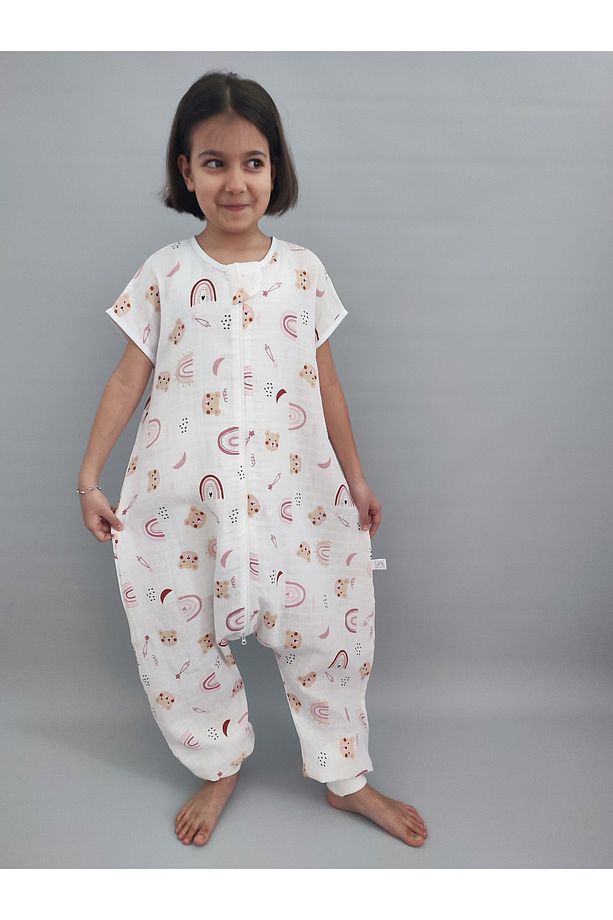 Yazlık Müslin Bebek Çocuk Uyku Tulumu Pembe Ayıcık Desenli 0.5 TOG 24-28Derece %100Pamuk - 1
