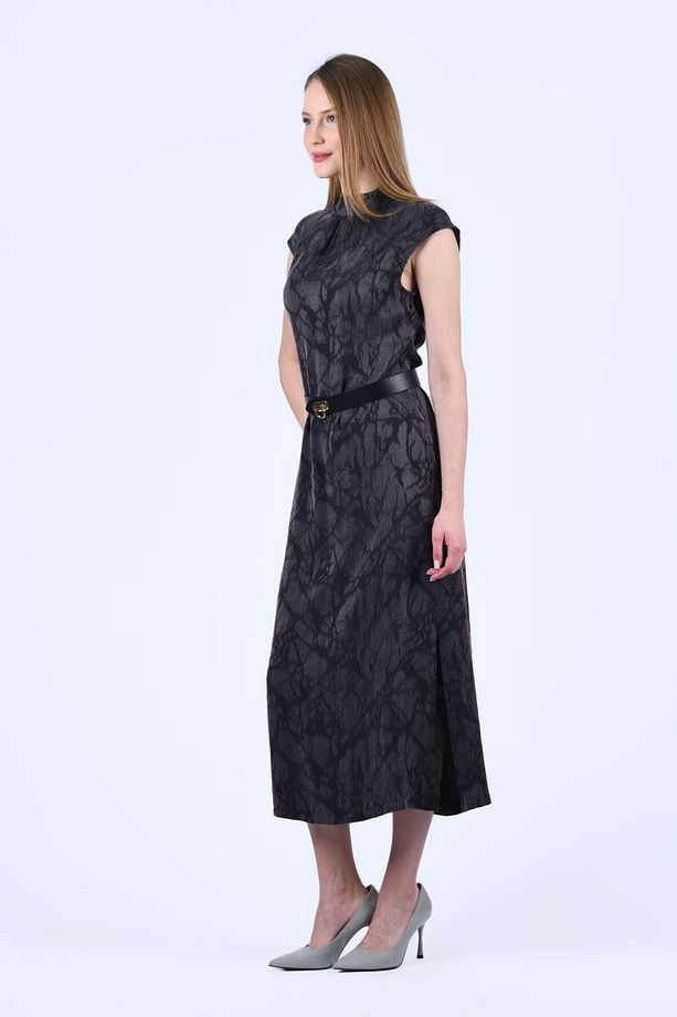 Kahve Desenli Kemerli Midi Elbise - QE334 - 4