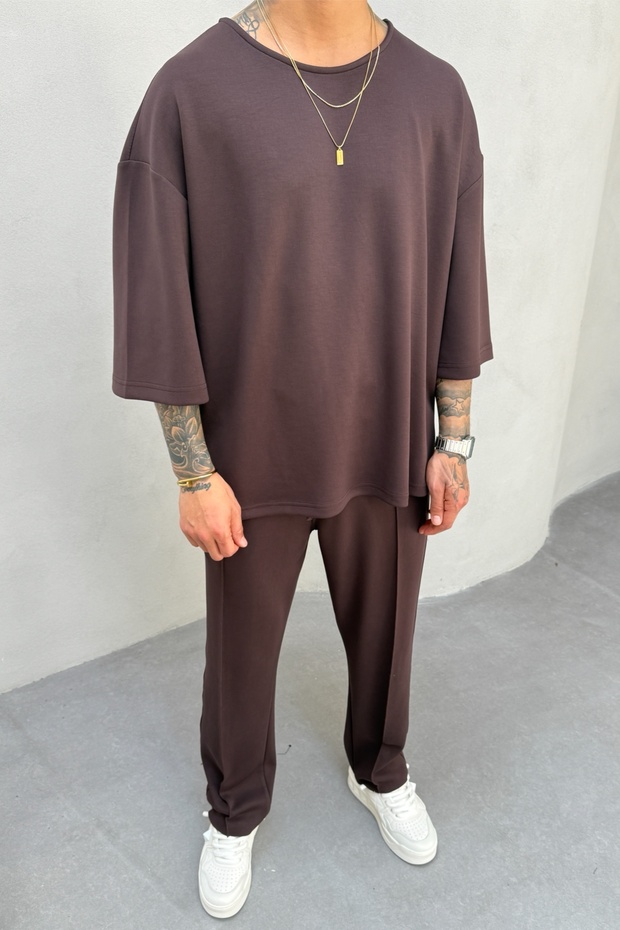 Men's Oversized Fit Oyaho Fabric Brown T-Shirt Pants Set KE-0112